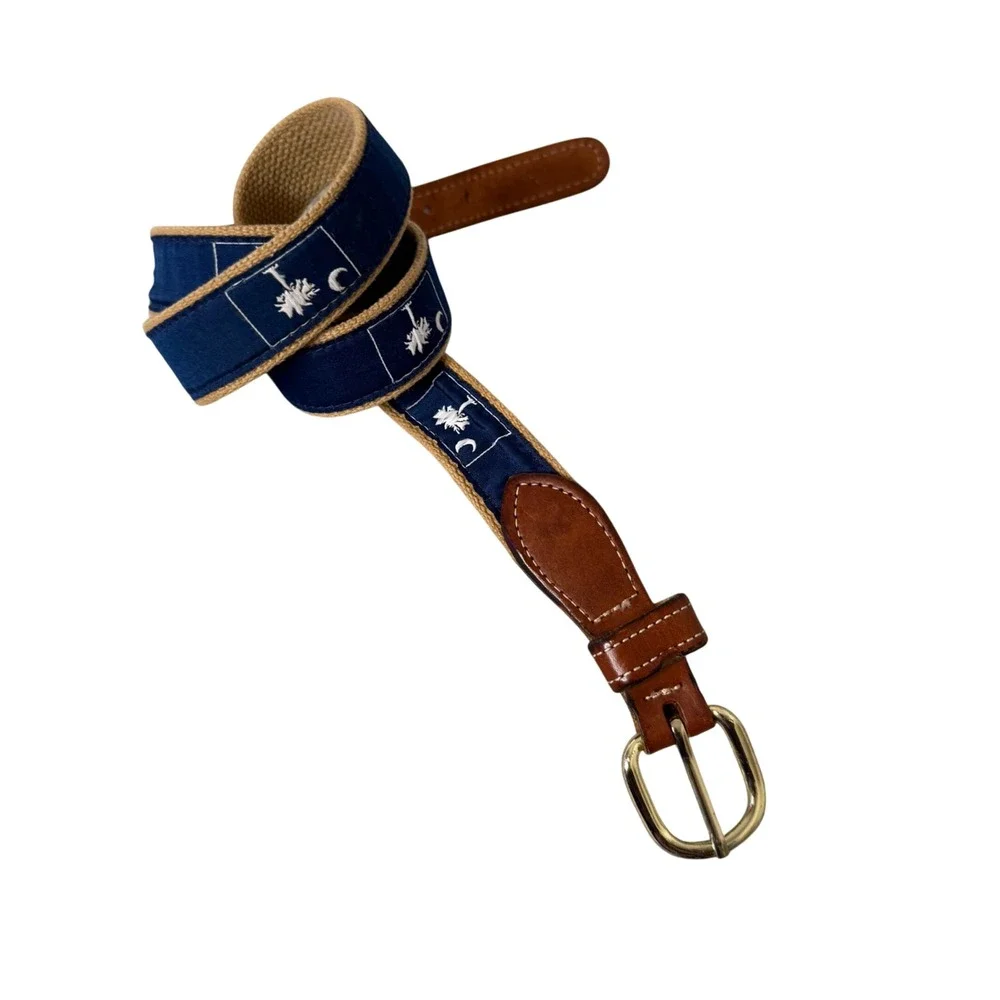 South Carolina Ribbon Belt Men 40 Flag Moon Palmetto Canvas Leather Brass Buckle